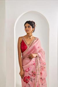 Fresh Arrivals: Blush Pink Floral Whisper Organza Silk Sarees – A Symphony of Elegance and Color