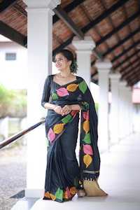 Midnight Botanica – Multicolor Leaf Print Soft Silk Saree