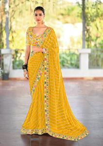 Premium Georgette Embroidered Sunshine Yellow Saree - Festive glamour✨