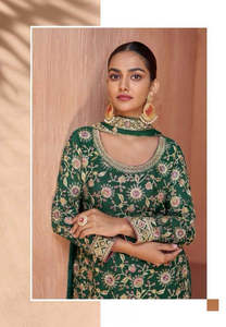 Traditional & Ceremonial: Emerald Green Designer Chinon Kurti with Palazzo & Dupatta – Festive & Wedding Wear Set