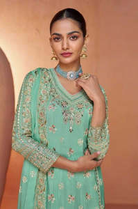 Traditional & Ceremonial: Mint Green Designer Chinon Kurti with Palazzo & Dupatta – Festive & Wedding Wear Set