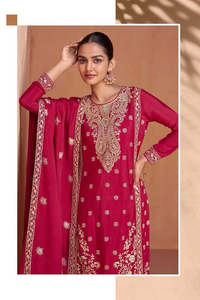Traditional & Ceremonial: Royal Pink Designer Chinon Kurti with Palazzo & Dupatta – Festive & Wedding Wear Set