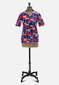 Tops Shirts And Blouses: Canterbury New Zealand 1970s Bold Geometric Block Print Short Sleeve Blouse