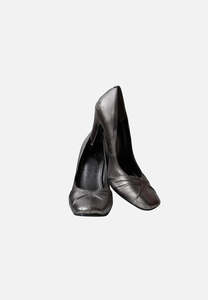 Metallic Pewter Leather Pumps, Ruched Toe Tapered Heel