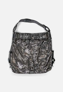 Vintage Metallic Pewter Faux Snakeskin Buckle Tote Bag