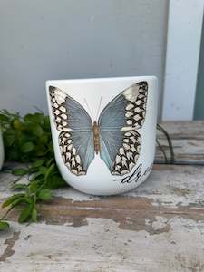 Faux Plants: Hand painted Ceramic Pot white w butterfly dream