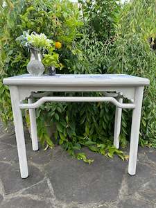 Chunky hall table in white rustic paintwork with tile decoupage top