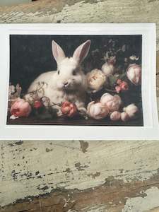 White Bunny on Black w roses Paper for Decoupage A5
