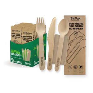 BioPak 16cm Wood Fork, Knife, Spoon & Napkin Sets – Retail Packs