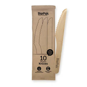 BioPak 10 Pack  16cm Wooden Knife In Paper Sleeves