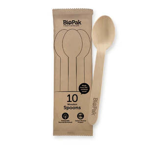 Picnics Parties: BioPak 10 Pack  16cm Wooden Spoon In Paper Sleeves
