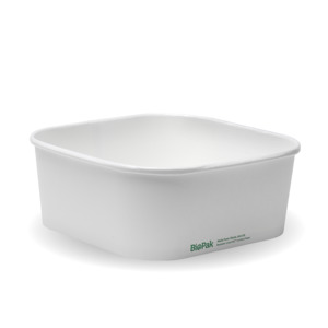 Square Paper Containers: BioPak 1,200ml White BioBoard Square Takeaway Base
