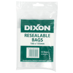 Resealable Bags: Dixon zip lock bags 100 x 155mm pack 50