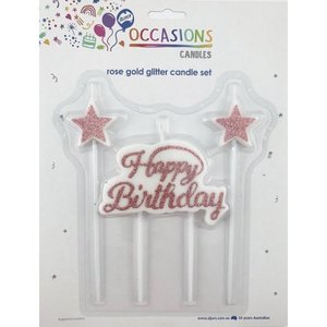 Candles: Happy Birthday Candle Plaque +Stars Glitter Rose Gold 1 Set #431118