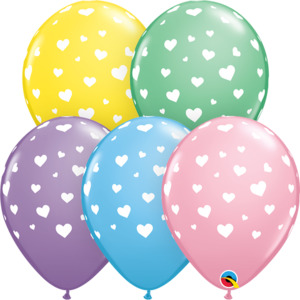 Printed Latex Love: 28cm Round Pastel Assorted Random Hearts White Print #98714 - Pack of 50