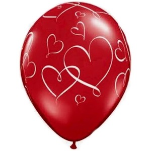 Printed Latex Love: 28cm Round Ruby Red Romantic Hearts (Wht) #40311 - Pack of 50