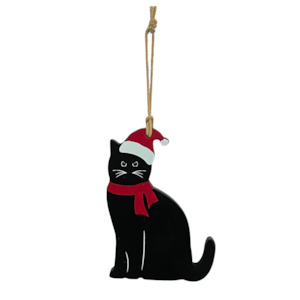 Keepsakes: Black Cat Santa Wooden Christmas Keepsake