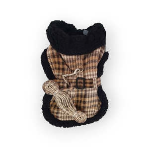 Sherpa- Lined Dog Harness Coat - Brown and White Plaid