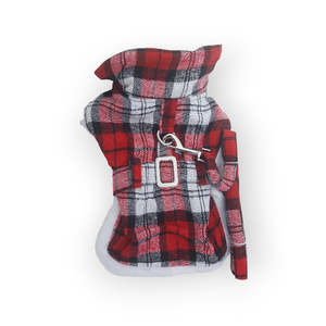 Harness Coats: Sherpa-Lined Dog Harness Coat - Red and White Plaid