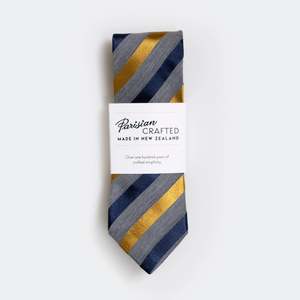 Parisian Crafted Ties Bows Ties: Grey Marle, Navy and Gold Satin Striped Tie