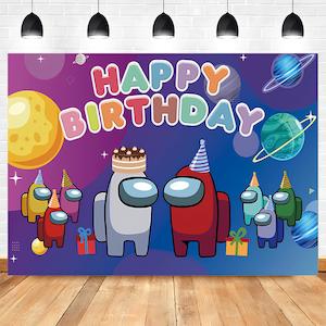 Themed Backdrops For Birthday Parties: Among Us Birthday Party Backdrop Banner