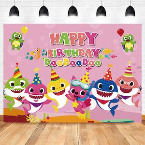 Themed Backdrops For Birthday Parties: Baby Shark Pink Birthday Party Backdrop Banner