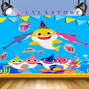 Themed Backdrops For Birthday Parties: Baby Shark Birthday Party Backdrop | Banner - 59