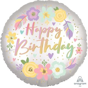 Foil Balloon 18" Happy Birthday - Satin Pastel Flowers