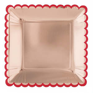 Disposable Plates: Rose Gold Paper Plates with Red Scalloped Edges 10in (8pk)