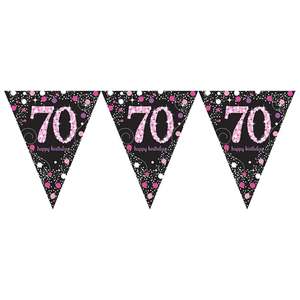70th Party Bunting Sparkling Fizz Black & Gold Holographic 11 flags 3.9m