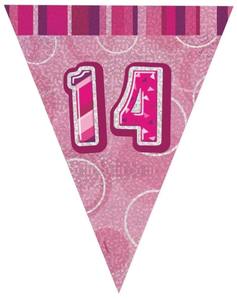 Banners: Glitz Birthday 14th Bunting Pink Silver