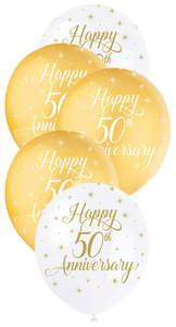 6 12 Balloon Packs: 50th Anniversary Gold And White Latex Balloons 30cm