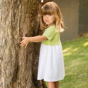 Organic Cotton Dresses: Organic Cotton Leaf Green and White Broderie Lace Dress