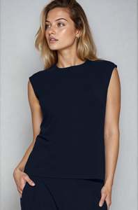 PAULA RYAN Easy Fit Cap Sleeve Crew Neck Top - Ecovero Navy