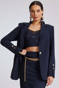 Paula Ryan Essentials: PAULA RYAN Long-line Boyfriend Jacket - Microjersey Navy
