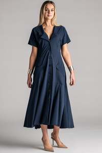 Dresses: PAULA RYAN Long Cuffed Shirt Dress Microjersey - Shadow Blue PRE ORDER