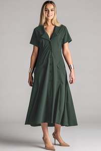 PAULA RYAN Long Cuffed Shirt Dress Microjersey - Khaki