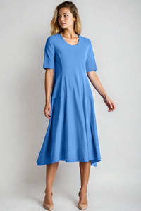 Dresses: PAULA RYAN A-line Half Sleeve Tab Dress - Cornflower Microjersey