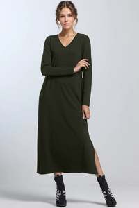 Dresses: PAULA RYAN V Neck Sheath Dress - Khaki Merino