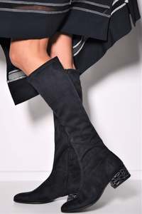 PAULA RYAN Croc-print Heel Stretch Knee High Boot - Navy