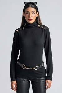 PAULA RYAN Metal Trimmed Leather Belt - Black/Gold