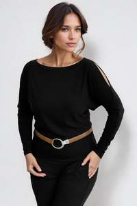 Merino: PAULA RYAN Cold Shoulder Batwing Top Merino - Black