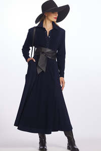 PAULA RYAN V-Neck Collared Dress - Navy Merino/Microjersey
