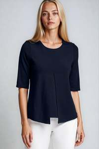 PAULA RYAN ESSENTIALS Box Pleat Half Sleeve Top - Ecovero Navy