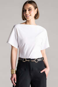 Paula Ryan Fashion Collection: PAULA RYAN Waisted Boat Neck Top Microjersey - White