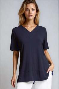 Ecovero Luxury Jersey: PAULA RYAN Double V Neck Top – Ecovero Navy