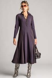Dresses: PAULA RYAN V-Neck Collared Dress - Cocoa Plum Merino/Microjersey