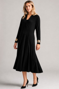 PAULA RYAN V-Neck Collared Dress - Black Merino/Microjersey