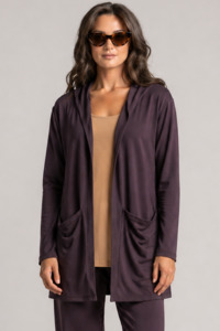 Cardigans: PAULA RYAN Hooded Cardigan with Pockets - Merino Cocoa Plum
