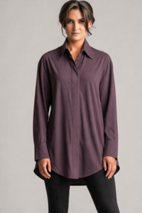 PAULA RYAN High Collar Boyfriend Shirt - Microjersey Cocoa Plum